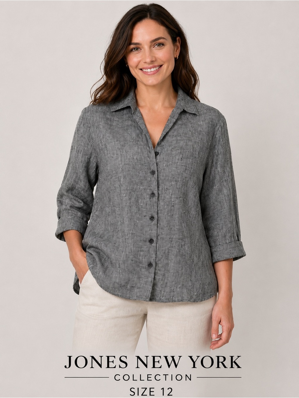 Jones New York Collection 100% Linen Gray Button Front Blouse Size 12
